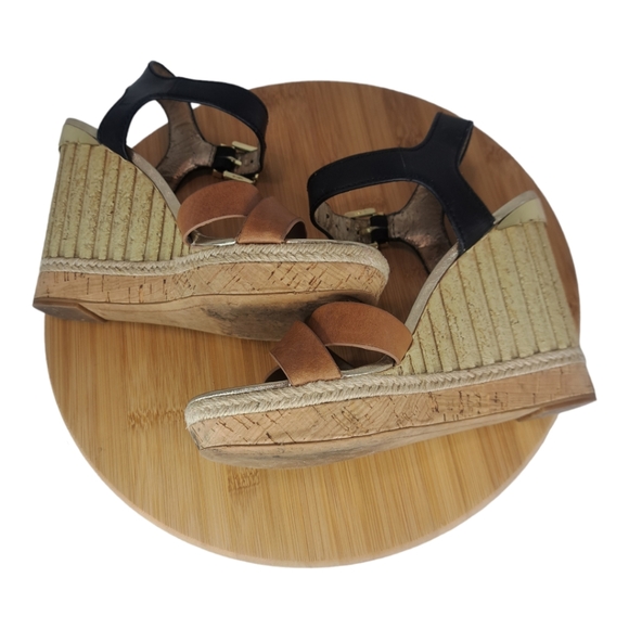 Sam Edelman Women Shoe #Clay Wedge Size 8.5 Textured Heel Black & Brown Leather - Picture 7 of 16